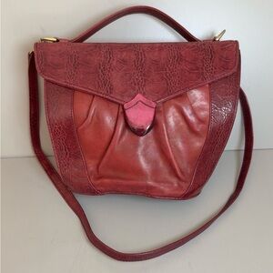 Vintage Susan Gail Red Leather Croc Embossed Crossbody Satchel Bag Made in Italy